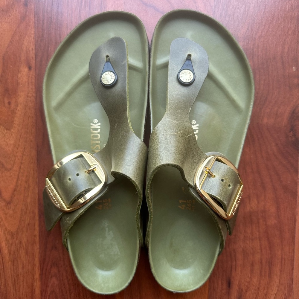 Birkenstock Olive Green Sandals with Big Gold Buckle